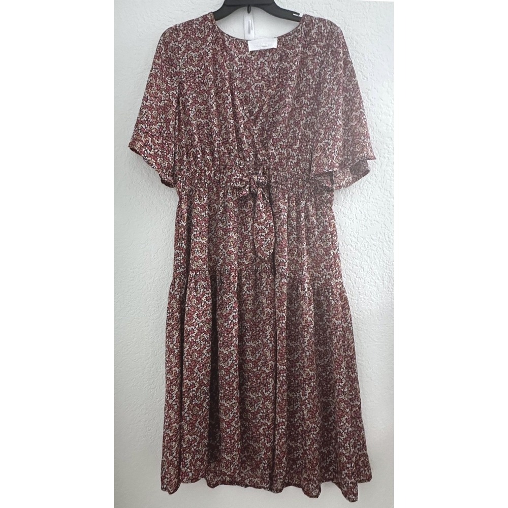 Superfoxx Tiered‎ Midi Dress Womens L Ditsy Floral Tie Casual Brunch Cottage